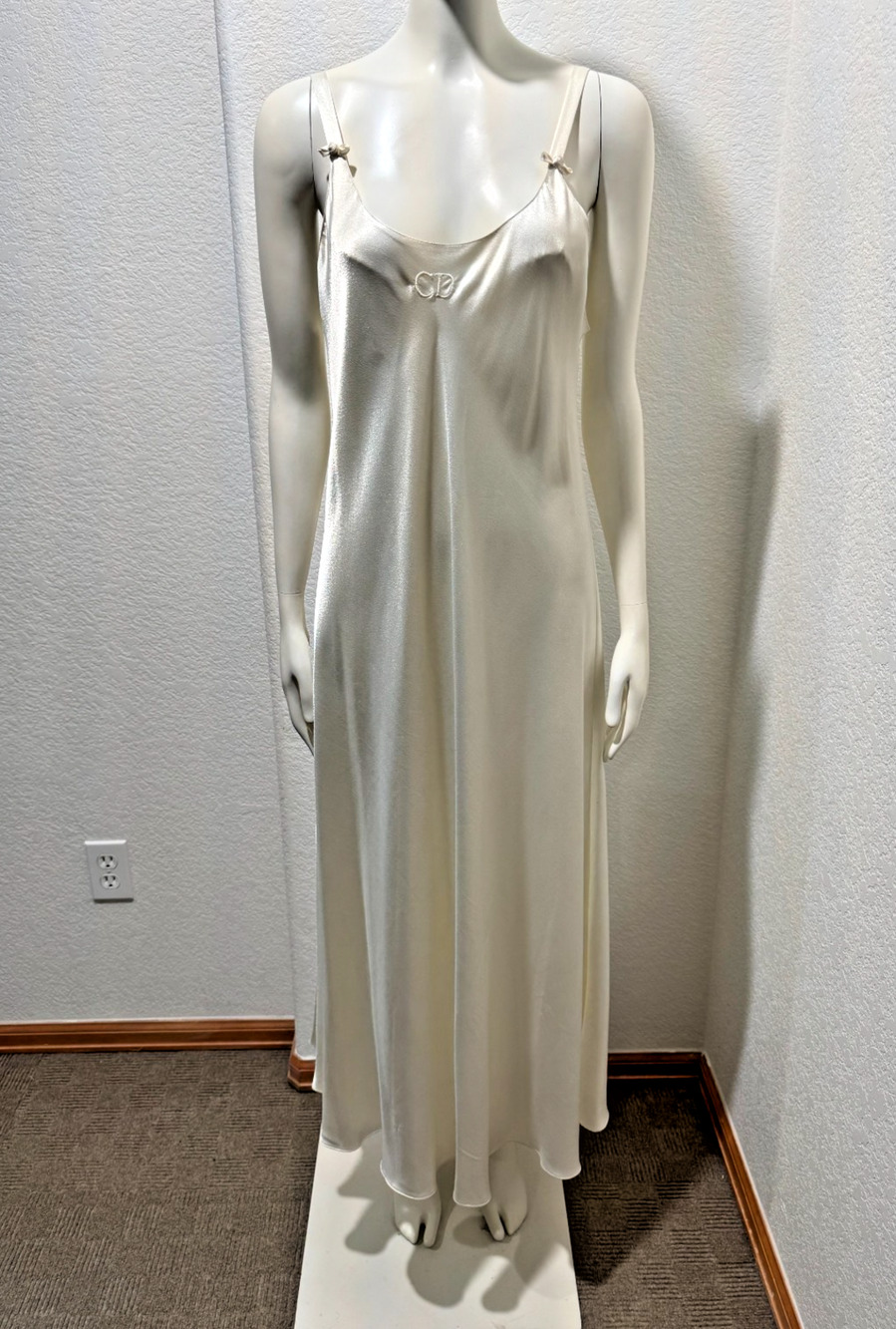Christian Dior Vtg Maxi Nightgown Satin Slip Dress L Ivory Embroidered Logo